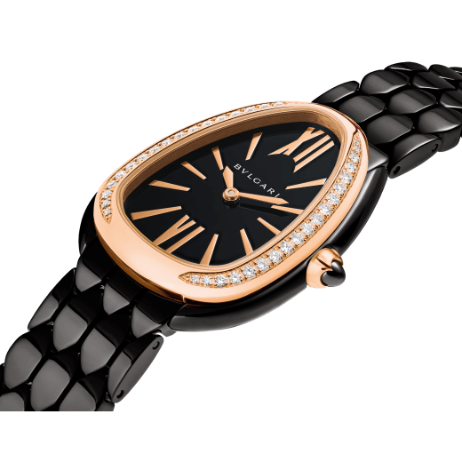 Serpenti Seduttori watch in stainless steel with black DLC treatment, 18 kt rose gold bezel set with brilliant-cut diamonds and black lacquered dial. Water-resistant up to 30 meters. 103706 image 2