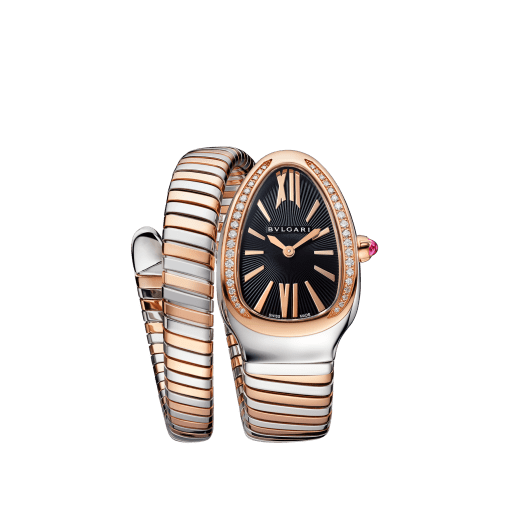 Serpenti Tubogas single spiral watch with stainless steel case, 18 kt rose gold bezel set with brilliant cut diamonds, black opaline dial, 18 kt rose gold and stainless steel bracelet. 102098 image 1