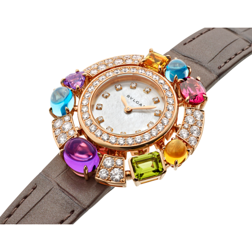 Allegra watch with 18 kt rose gold case set with brilliant-cut diamonds, 2 citrine, 2 amethysts, 2 blue topazes, a peridot and a rhodolite, mother-of-pearl dial, 12 diamond indexes and taupe shimmering alligator bracelet. Water resistant up to 30 metres 103493 image 2