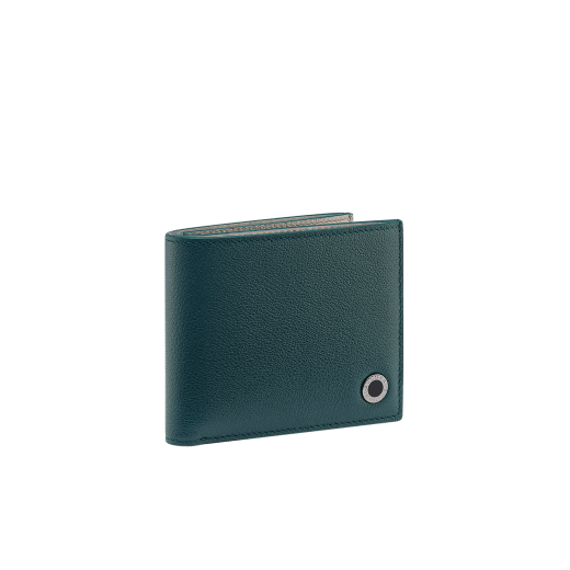 BULGARI BULGARI Man hipster compact wallet in forest emerald green Urban grain calf leather with foggy opal grey Urban grain calf leather interior. Iconic dark ruthenium-plated brass décor enamelled in matte black, and folded closure. BBM-WLT2FASYMb image 1