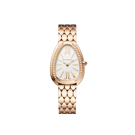 SERPENTI SEDUTTORI Lady Watch. 33 mm rose gold 18kt case and bracelet. 18 kt rose gold bezel set with diamonds. 18 kt rose gold crown set with 1 cab cut pink rubellite. White silver opaline dial. Bracelet with folding clasp. Quartz movement, hours and minutes functions. Water-resistant up to 30 metres. 103146 image 1