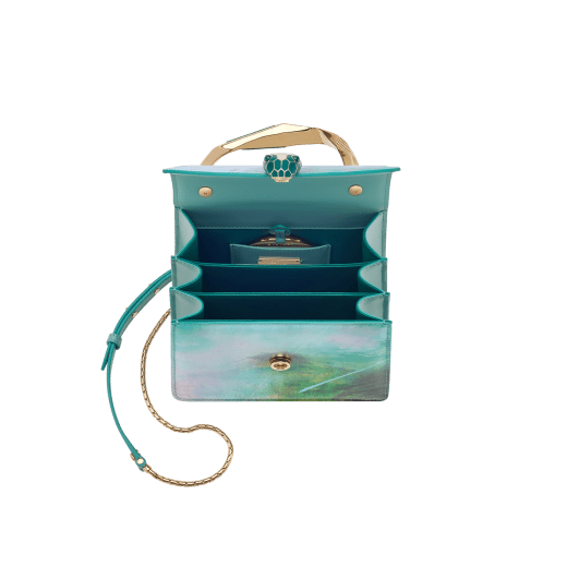 Zhou Li x Bulgari Serpenti Forever Ocean small top handle bag in ocean blue calf leather with abstract print envisioned by the artist; Splish Splash light blue calf leather sides and rosa di Francia pink nappa leather lining. Captivating snakehead magnetic closure in light gold-plated brass embellished with nosegay pink and white agate enamel scales and green malachite eyes; light gold-plated brass geometric top handle reimagined by the artist with pink quartz inlays. Limited Edition. 752-ZhouLi image 4