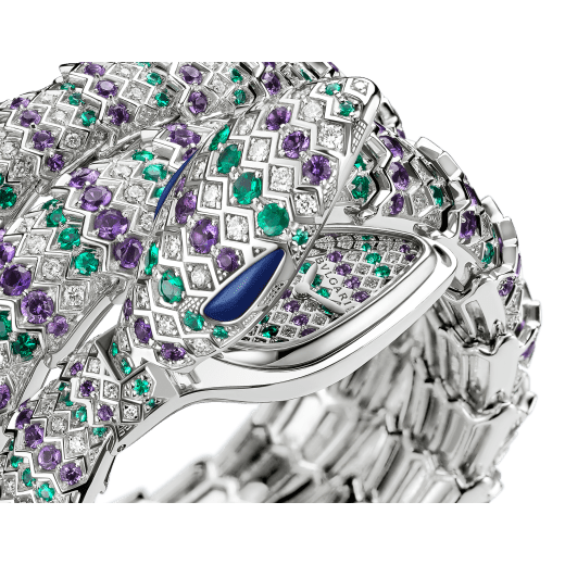 Serpenti Secret Watch with 18 kt white gold head set with brilliant cut diamonds, amethysts emeralds and malachite eyes, 18 kt white gold case, 18 kt white gold dial and double spiral bracelet, both set with brilliant cut diamonds, amethysts and emeralds. 101864 image 2