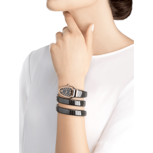Serpenti Spiga watch with black ceramic case, 18 kt rose gold bezel set with diamonds, black lacquered polished dial and double spiral bracelet in black ceramic and 18 kt rose gold elements. 102885 image 2