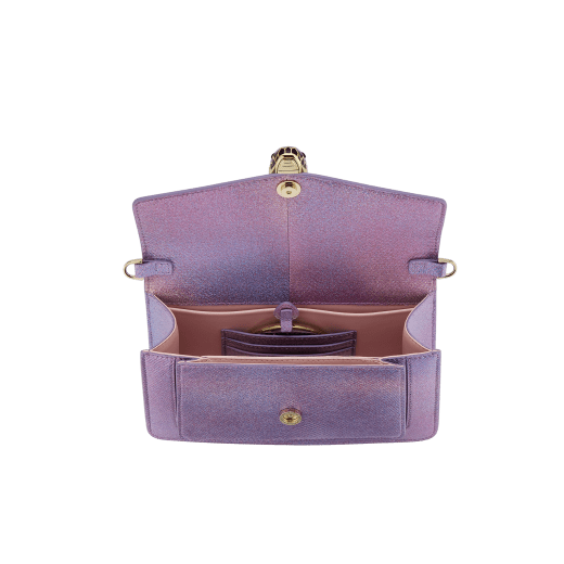 Serpenti Forever East-West small shoulder bag in sheer amethyst lilac Gleamy karung skin with primrose quartz pink nappa leather lining. Captivating magnetic snakehead closure in light gold-plated brass, embellished with black and pearled pinkish lilac enamel scales and black onyx eyes. 292791 image 4