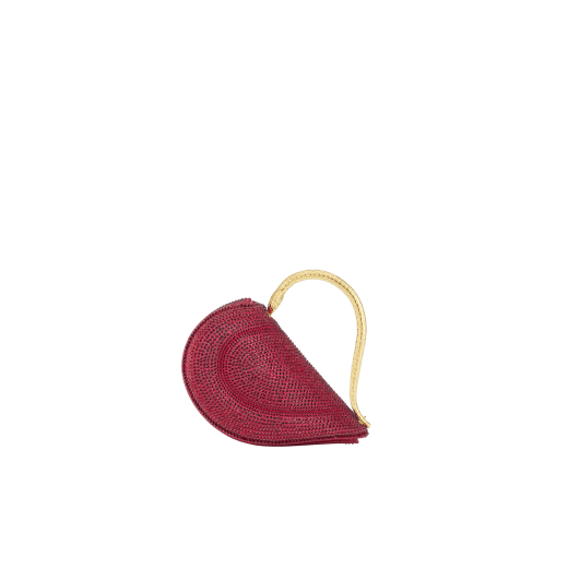Serpenti Cuoricino mini top handle bag with gold Neige Pavé Crystals applied on a suede base and bright Travertino nappa leather lining. Captivating snake body-shaped top handle in gold-plated brass embellished with engraved scales; press-button closure. SRN-001-1366XS-CRYS image 1