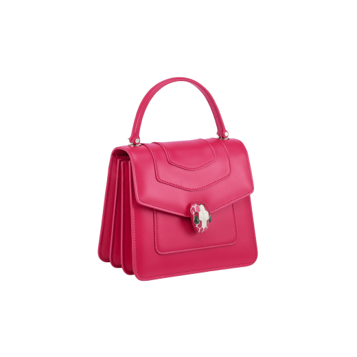 “Serpenti Forever ” top-handle bag in Lavender Amethyst lilac calf leather with Reef Coral red grosgrain inner lining. Iconic snakehead closure in light gold-plated brass embellished with black and white agate enamel and green malachite eyes 1122-CLb image 2