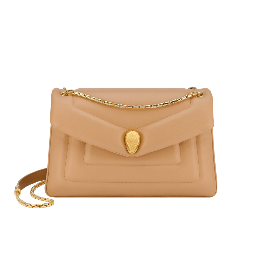 Serpenti Reverse medium shoulder bag in Sahara amber light brown quilted Metropolitan calf leather with taffy quartz pink nappa leather lining. Captivating snakehead magnetic closure in gold-plated brass embellished with red enamel eyes. 1223-MCL image 1