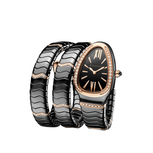 Serpenti Spiga double-spiral watch in black ceramic with an 18 kt rose gold bezel and single elements set with diamonds, and a black dial. Water-resistant up to 30 metres 103199 image 4