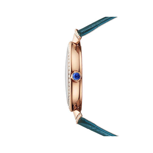 DIVAS' DREAM watch in 18 kt rose gold with brilliant-cut diamonds set on the bezel and the links, natural peacock-feather dial and green alligator bracelet. Water resistant up to 30 meters 103767 image 3