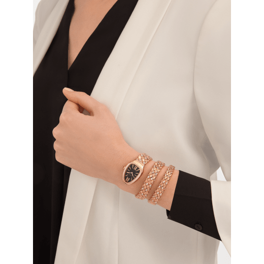Serpenti Spiga Lady watch with quartz movement, 35 mm 18 kt rose gold case set with diamonds, 18 kt rose gold crown set with a cabochon-cut rubellite, black dial and double-spiral 18 kt rose gold bracelet set with diamonds. Quartz movement, hours, minutes functions. Size S-135 mm SERPENTI-SPIGA-2TBLACKDIALDIAM image 4