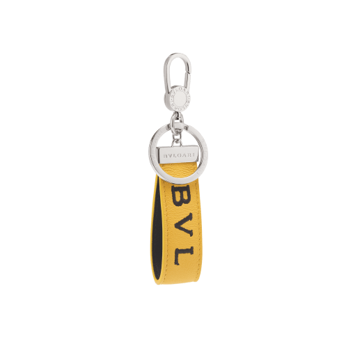 New "BVLGARI BVLGARI" keyring in Denim Sapphire blue grained calfskin with embroidered, light Aegean Topaz blue Bvlgari logo. Snap hook and ring in palladium-plated brass, and embellished with iconic logo. BBM-KEYRINGLOGOa image 1