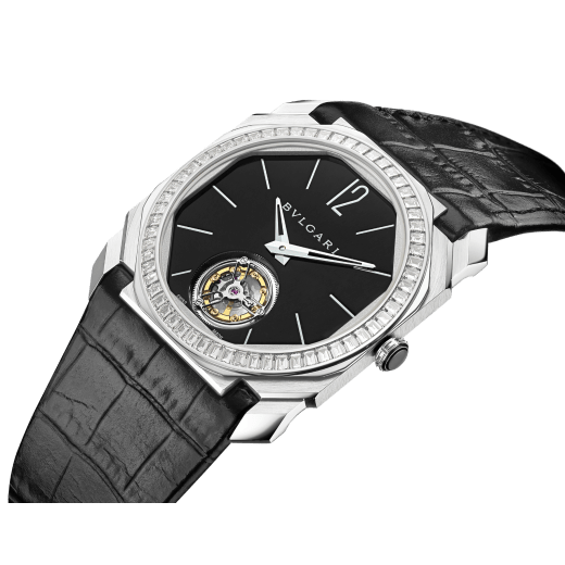 Octo Finissimo Tourbillon Limited Edition watch with extra thin mechanical manufacture movement and manual winding, platinum case, bezel set with baguette-cut diamonds, black lacquered dial with tourbillon see-through opening and black alligator bracelet. 102401 image 2
