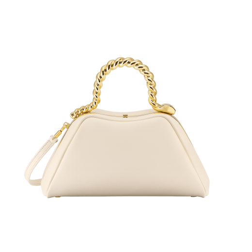 Geraldine Guyot x Bvlgari Serpentine small top handle bag in chestnut opal nubuck leather with chestnut opal nappa leather lining. Reimagined snake body-shaped top handle in gold-plated brass with press-button closure. SRN-001-1268S-GG image 4