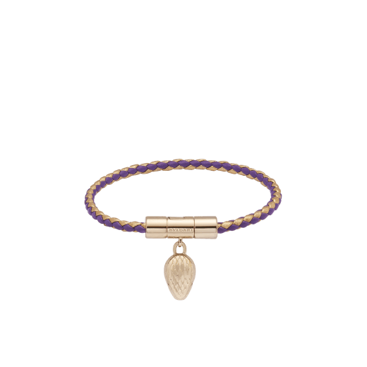 Serpenti Forever bracelet in vivid, dark amethyst purple and gold braided calf leather. Captivating light gold-plated brass snakehead charm embellished with red enamel eyes, attached to the front clasp. SERPHERBRAID-WCL-VA image 1