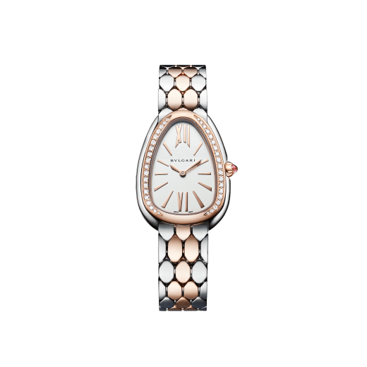 SERPENTI SEDUTTORI Lady Watch. 33 mm stainless steel case and bracelet. 18 kt rose gold bezel set with diamonds and crown set with 1 cab cut pink rubellite. White silver opaline dial. Bracelet 18kt rose gold and steel with folding clasp. Quartz movement, hours and minutes functions. Water-resistant up to 30 metres. 103274 image 1