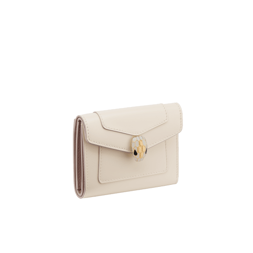 Serpenti Forever chain wallet in light gold Striated calf leather with linen agate nappa leather interior. Captivating snakehead press-button closure in light gold-plated brass embellished with black enamel and light gold-plated brass scales, and black onyx eyes. SEA-SLIM-COMPACT-R image 1