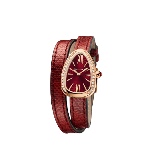 Serpenti watch with 18 kt rose gold case set with brilliant cut diamonds, red lacquered dial and interchangeable double spiral bracelet in red karung leather. 102730 image 2