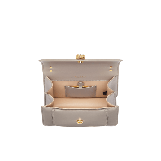 Serpenti Forever Maxi Chain small crossbody bag in foggy opal gray Metropolitan calf leather with linen agate beige nappa leather lining. Captivating snakehead magnetic closure in gold-plated brass embellished with gray agate scales and red enamel eyes. 1134-MCMC image 4