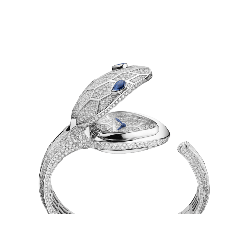 Serpenti Misteriosi Secret Watch in 18 kt white gold case and bangle bracelet, both set with round brilliant-cut diamonds, diamond full pavé dial and pear-shaped sapphire eyes. Small size 102989 image 3