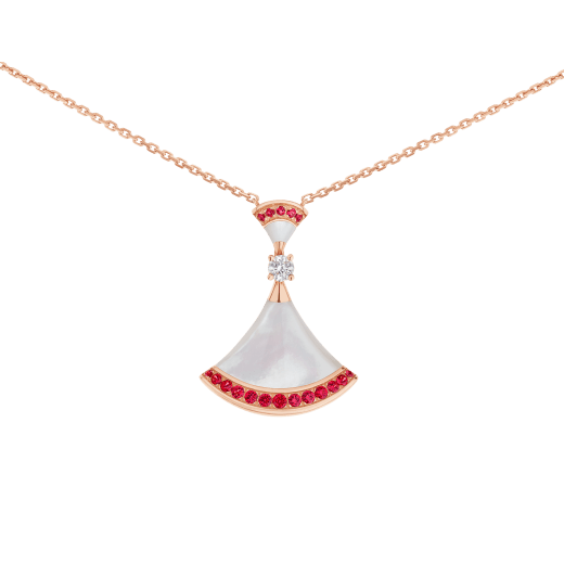 DIVAS' DREAM 18 kt rose gold necklace set with mother of pearl elements, a round brilliant-cut diamond and pavé rubies. 358122 image 3