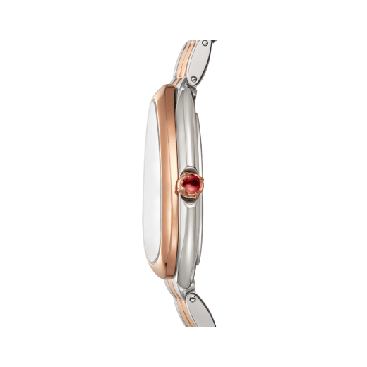 SERPENTI SEDUTTORI Lady Watch. 33 mm stainless steel case and bracelet. 18 kt rose gold bezel and crown set with cab cut pink rubellite. White silver opaline dial. Bracelet 18kt rose gold and steel with folding clasp. Quartz movement, hours and minutes functions. Water-resistant up to 30 metres. 103277 image 3