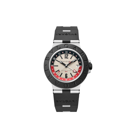 Bvlgari Aluminium GMT watch with mechanical movement, automatic winding, GMT 24h function, 40 mm aluminium case, black rubber bezel with double logo engraving, white dial, SLN indexes and hands, titanium caseback and black rubber bracelet. Water-resistant up to 100 metres 103963 image 1