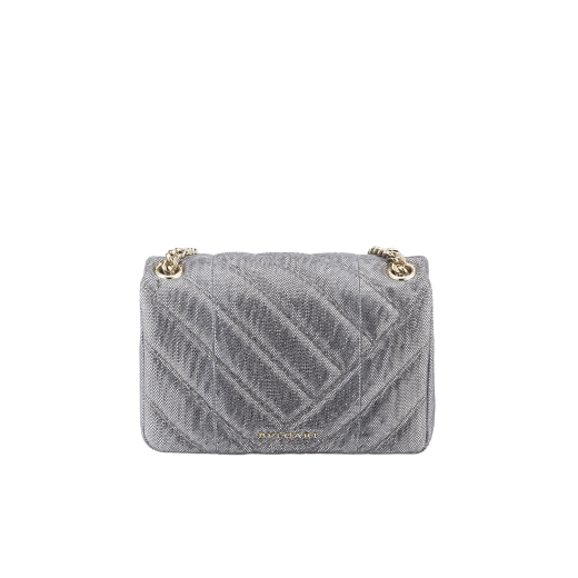 Serpenti Cabochon shoulder bag in soft matelassé charcoal diamond metallic karung skin with graphic motif. Snakehead closure in light gold plated brass decorated with matte black and glitter charcoal diamond enamel, and black onyx eyes. 981-MK image 3