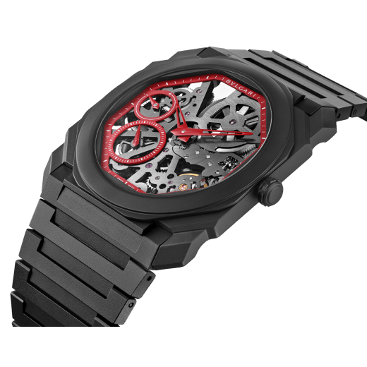Octo Finissimo Skeleton Limited Edition watch with extra-thin skeletonised mechanical manufacture movement, manual winding, small seconds and power reserve indications, 40 mm extra-thin case and bracelet in sandblasted black ceramic, skeletonised dial, openwork counters with red outline and transparent caseback. Water-resistant up to 30 metres 103527 image 2