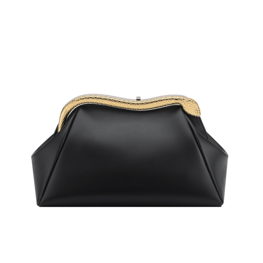 Serpentine medium pouch in black smooth calf leather with emerald green nappa leather lining. Captivating snake body-shaped frame in light gold-plated brass embellished with engraved scales and red enamel eyes on one side and black smooth calf leather insert on the other, and a press button closure. SRN-001-1294M image 1