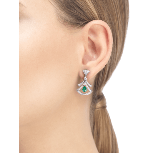 DIVAS' DREAM 18 kt white gold openwork earring set with pear-shaped emeralds, round brilliant-cut and pavé diamonds. 356956 image 4