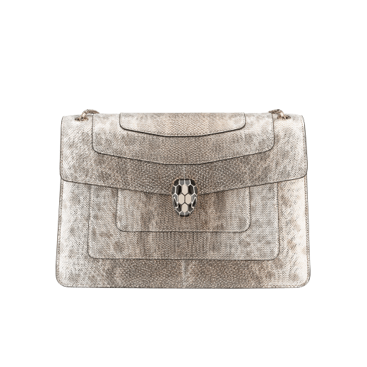 “Serpenti Forever” shoulder bag in milky opal metallic karung skin. Iconic snakehead closure in light gold-plated brass embellished with black and milky opal enamel and black onyx eyes. 521-MK image 1