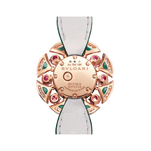 DIVAS' DREAM High Jewellery watch featuring a 18 kt rose gold case and petals set with round brilliant-cut diamonds, malachite inserts and pink tourmaline, mother-of-pearl dial and green alligator bracelet 103636 image 4