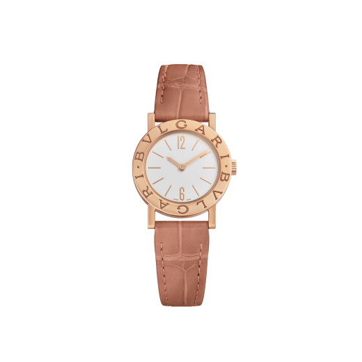 Bvlgari Bvlgari watch with 18 kt rose gold case and bezel engraved with double logo, white opaline dial and beige alligator bracelet. Water-resistant up to 30 metres 103966 image 1