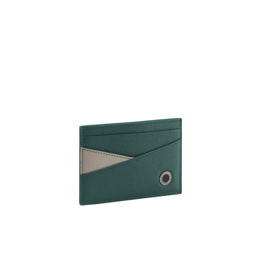 BULGARI BULGARI Man card holder in forest emerald green Urban grain calf leather with a foggy opal grey Urban grain calf leather detail. Iconic dark ruthenium-plated brass décor enamelled in matte black. BBM-CCHOLDERASYMb image 1