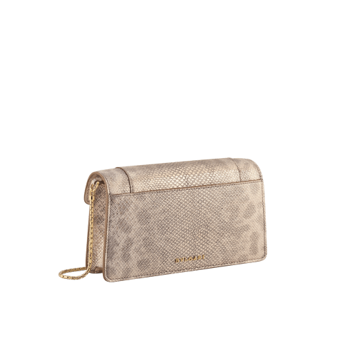 Serpenti Forever chain pochette in milky opal metallic karung with milky opal nappa leather lining. Captivating snakehead magnetic closure in gold-plated brass embellished with foggy opal enamel and black onyx eyes. 294909 image 3
