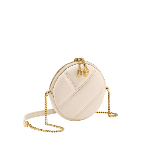 Serpenti Cabochon round pouch in azalea quartz pink calf leather with a maxi matelassé pattern and beetroot spinel fuchsia nappa leather interior. Captivating snakehead zip pullers in light gold-plated brass embellished with red enamel eyes, and zipped fastening. SCB-ROUNDPOCHETTE image 1
