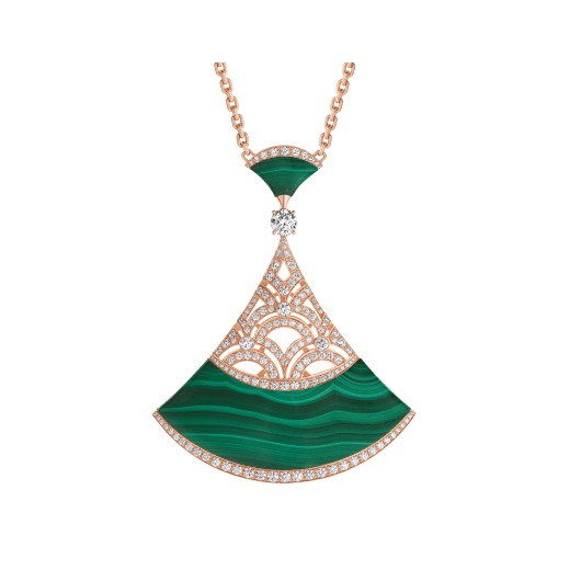 Divas’ Dream Halskette, bestehend aus einer Kette aus 18 Karat Roségold mit Malachitperlen und Diamanten sowie einem durchbrochenen Anhänger aus 18 Karat Roségold mit einem Diamanten (0,50 Kt.), Diamant-Pavé und Malachit-Intarsien. 358222 image 1