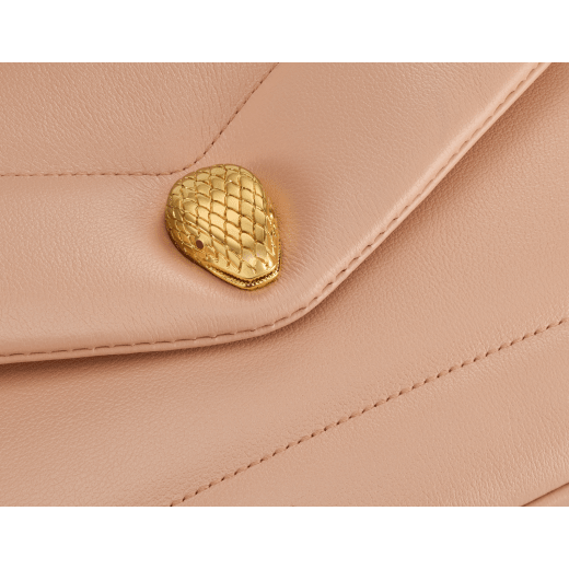 Serpenti Reverse soft envelope chain pouch in Sahara amber light brown quilted Metropolitan calf leather with taffy quartz pink nappa leather interior. Captivating snakehead magnetic closure in gold-plated brass embellished with red enamel eyes. SRV-CHAINCLUTCH image 4