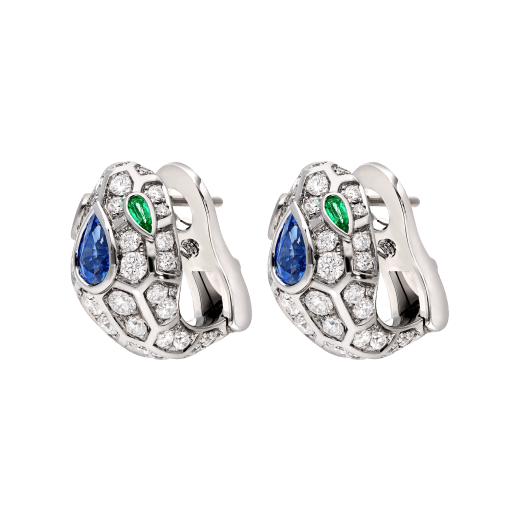 Serpenti 18 kt white gold earrings, set with a blue sapphire on the head, emerald eyes and pavé diamonds. 355355 image 2