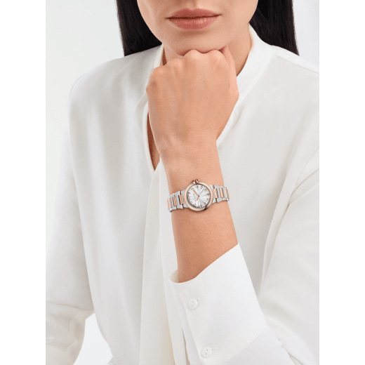 Lvcea watch in 18 kt rose gold and stainless steel with white mother-of-pearl intarsio dial and 12 diamond indexes. Water-resistant up to 50 metres 103878 image 1