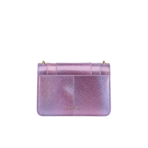 “Serpenti Forever” crossbody bag in rainbow-coloured "Spring Shade" python skin, with Lavender Amethyst lilac nappa leather inner lining. Tempting snakehead closure in gold-plated brass enhanced with lilac and white agate enamel and black onyx eyes. 1082-MK image 3
