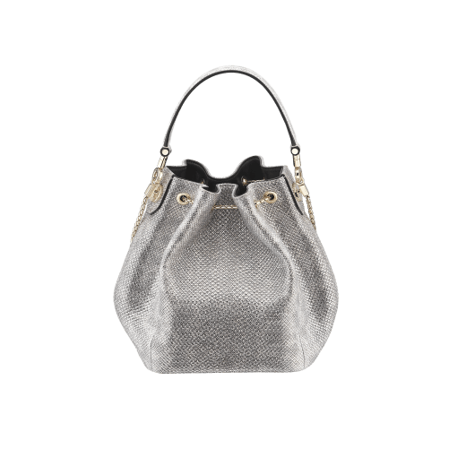 Serpenti Forever bucket bag in Niagara sapphire blue metallic karung skin with Niagara sapphire blue nappa leather lining. Captivating snakehead closure in dark ruthenium-plated brass embellished with matt and shiny black enamel scales and black onyx eyes. 934-MK image 3