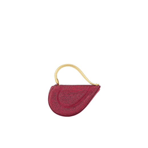 Serpenti Cuoricino mini top handle bag with gold Neige Pavé Crystals applied on a suede base and bright Travertino nappa leather lining. Captivating snake body-shaped top handle in gold-plated brass embellished with engraved scales; press-button closure. SRN-001-1366XS-CRYS image 4