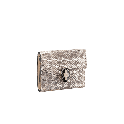 Serpenti Forever slim compact wallet in charcoal diamond metallic karung skin. Iconic snake head stud closure in black and glitter charcoal diamond enamel, with black onyx eyes. SEA-SLIMCOMPACT-MK image 1
