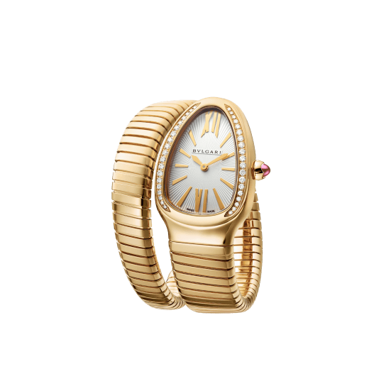 Serpenti Tubogas Lady watch, 35 mm 18 kt yellow gold curved case set with diamonds , 18 kt yellow gold crown set with a cabochon cut pink rubellite , white opaline dial with guilloché soleil treatment and hand-applied indexes, single spiral 18 kt yellow gold bracelet. Quartz movement, hours and minutes functions. Water proof 30 m. 101924 image 5