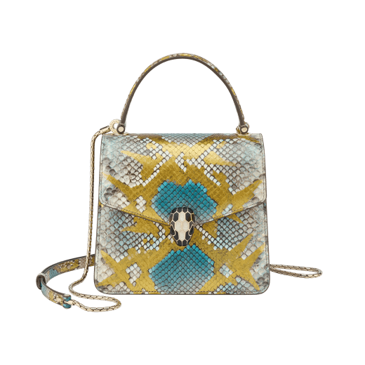 “Serpenti Forever ” top handle bag in multicolor "Chimera" python skin with Lavander Amethyst lilac nappa leather internal lining. Tempting snakehead closure in gold plated brass enriched with black and Lavander lilac enamel, and black onyx eyes 1122-Pa image 1