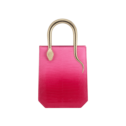 Serpentine mini tote bag in beetroot spinel fuchsia degradé lizard skin with azalea quartz pink nappa leather lining. Captivating snake body-shaped handles in light gold-plated brass embellished with engraved scales and red enamel eyes. SRN-1223-LD image 1