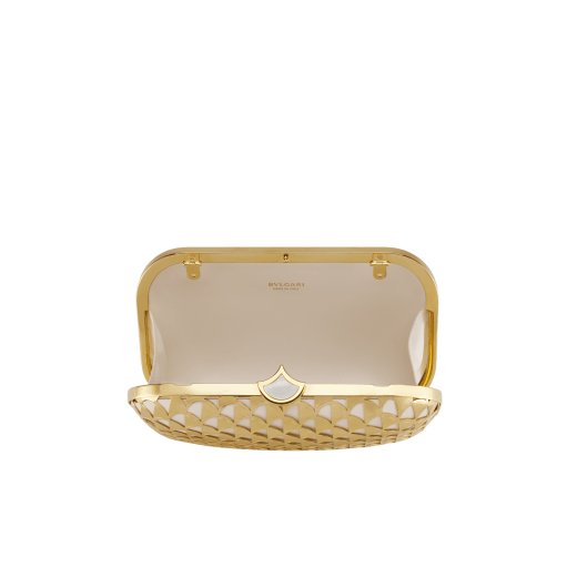 Calla clutch in gold-plated metal with a laser cut Calla motif on black nappa leather lining. Iconic closure embellished with a fan-shaped malachite insert. DAS-001-1317S image 3