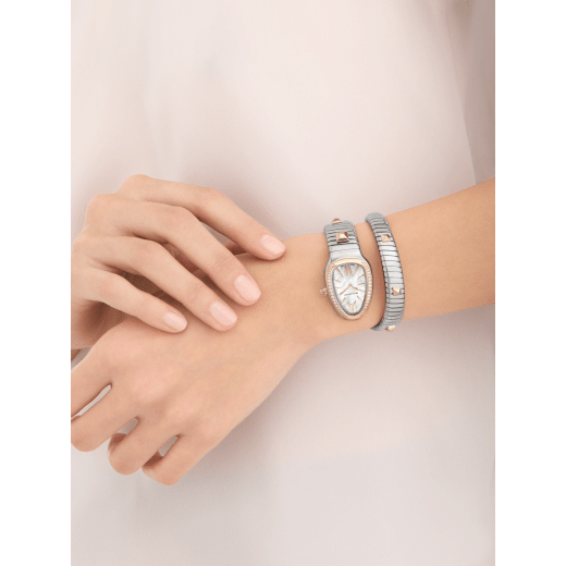 Serpenti Tubogas Studs Capsule single-spiral watch in stainless steel with 18 kt yellow gold diamond-set bezel, 18 kt yellow gold studs on the bracelet, and mother-of-pearl dial. Water-resistant up to 30 metres. Serpenti-Tubogas-Studs-Capsule image 2